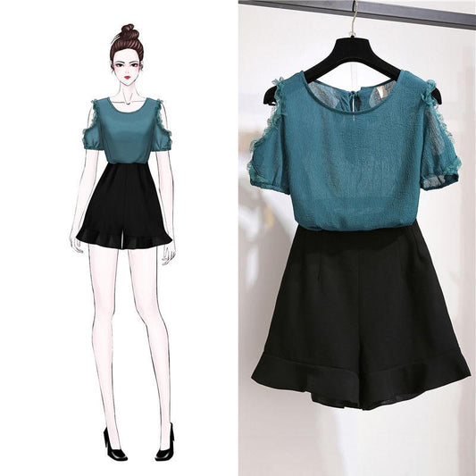 Fashion Oversized Shorts 2 Piece Set Off-shoulder Blouse Shorts Two-piece Summer Chiffon Shorts Set