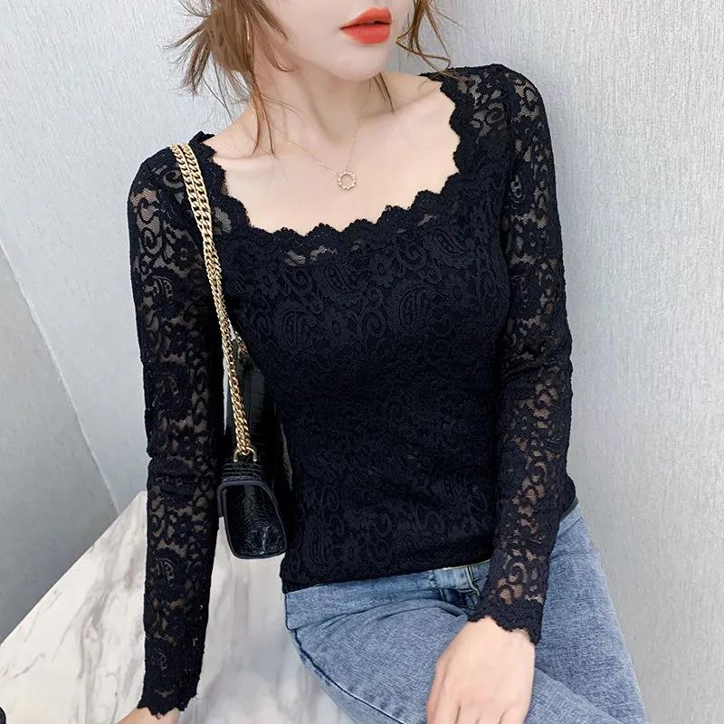Women's Spring and Autumn Long Sleeve Lace Bottoming Shirt Square Collar Slim Top