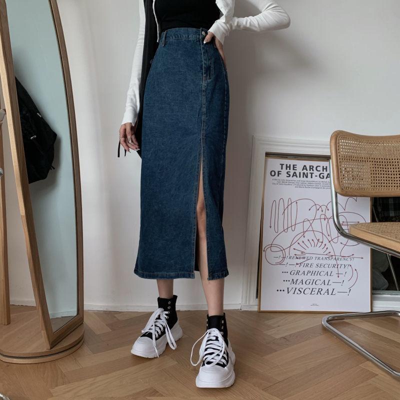 Women Sexy Sweet Solid Split Denim Skirt High Waist Over The Knee Hip Skirt Casual Club Home Office