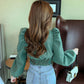 Women's Spring and Autumn Long-sleeved Shirt V-neck Puff Sleeve Short Top