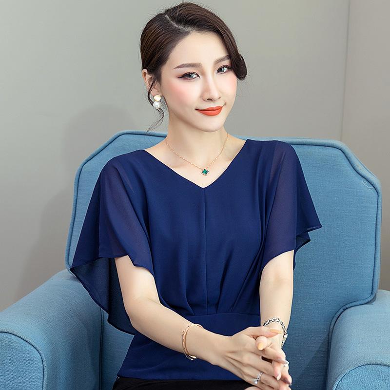 Summer Chiffon Shirt Short-sleeved Women's Temperament V-neck Bat-sleeve Cover Arm Thin T-shirt Women's Top