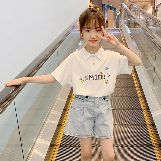 Girls' Summer Clothing Net Red Suit Western-style Fashionable Children's Clothing Short-sleeved Sports  Big Children's Two-piece Suit