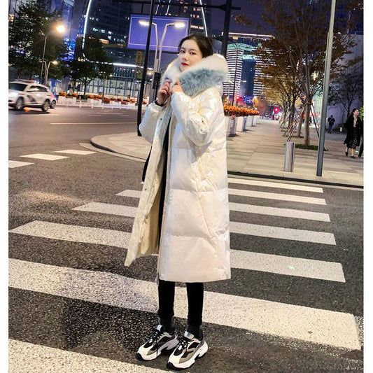 Glossy Cotton-padded Jacket Women's Winter New Style Korean Loose Mid-length Large Fur Collar Thick Padded Jacket Cotton Jacket