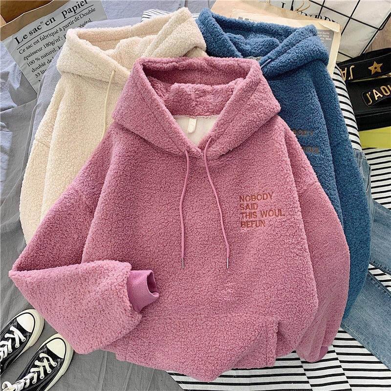 Winter Plus Velvet Thick Lamb Wool Sweater Women's Embroidered Hooded Student Jacket Loose Mid-length Warm Velvet Top