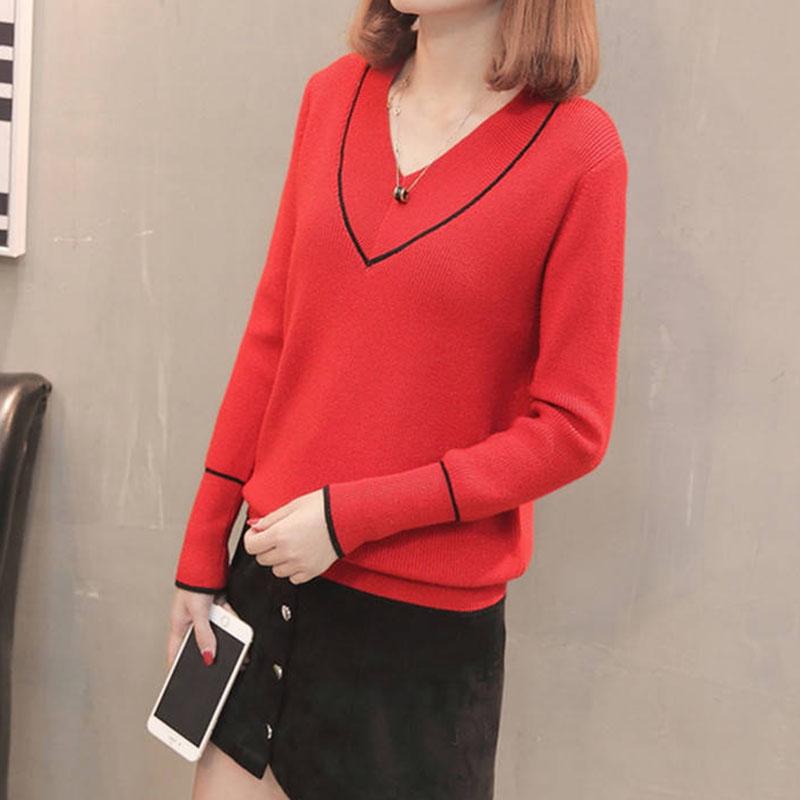 Pofulove V-Neck Sweater Knitted Women Winter Loose Pullover Sweaters Tops Long Sleeves Knitwear