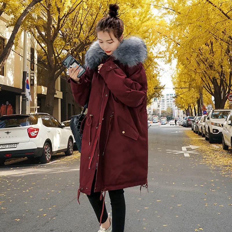 Winter Women's Cotton Jacket Jacket Mid-length Large Fur Collar Plus Down Jacket Thickening Plus Velvet Jacket