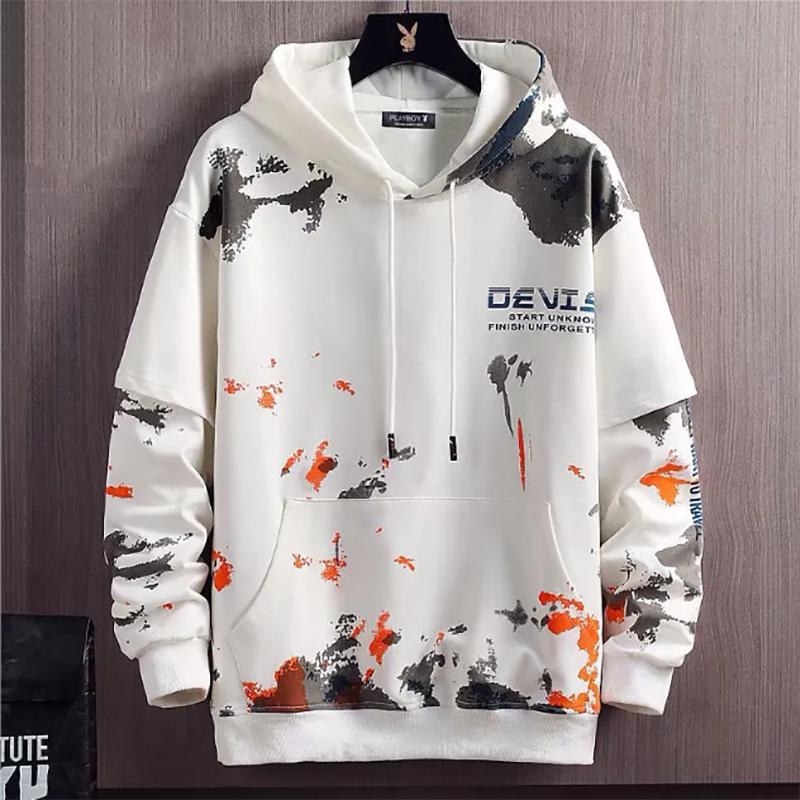 Men's Hooded Sweaters Fall and Winter Loose Warmth Printing Fake Two-piece Long-sleeved Sweaters