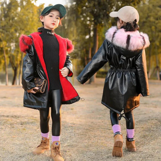 Girls Plus Velvet Thick Mid-length Winter Clothes Windbreaker Warm Coat with Large Fur Collar