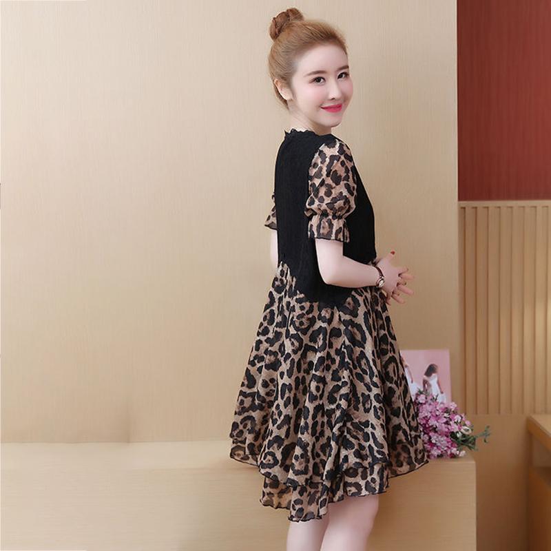 Large Size L-XXXXXL Women's Summer Dress Chiffon Veil Leopard Printing Above Knee V-neck Ruffle