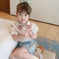 Children's Top Summer Thin Girl's Retro Style Shirt Floral Embroidery Bubble Sleeve Pleated Shirt