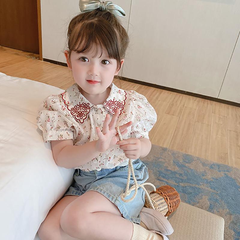 Children's Top Summer Thin Girl's Retro Style Shirt Floral Embroidery Bubble Sleeve Pleated Shirt