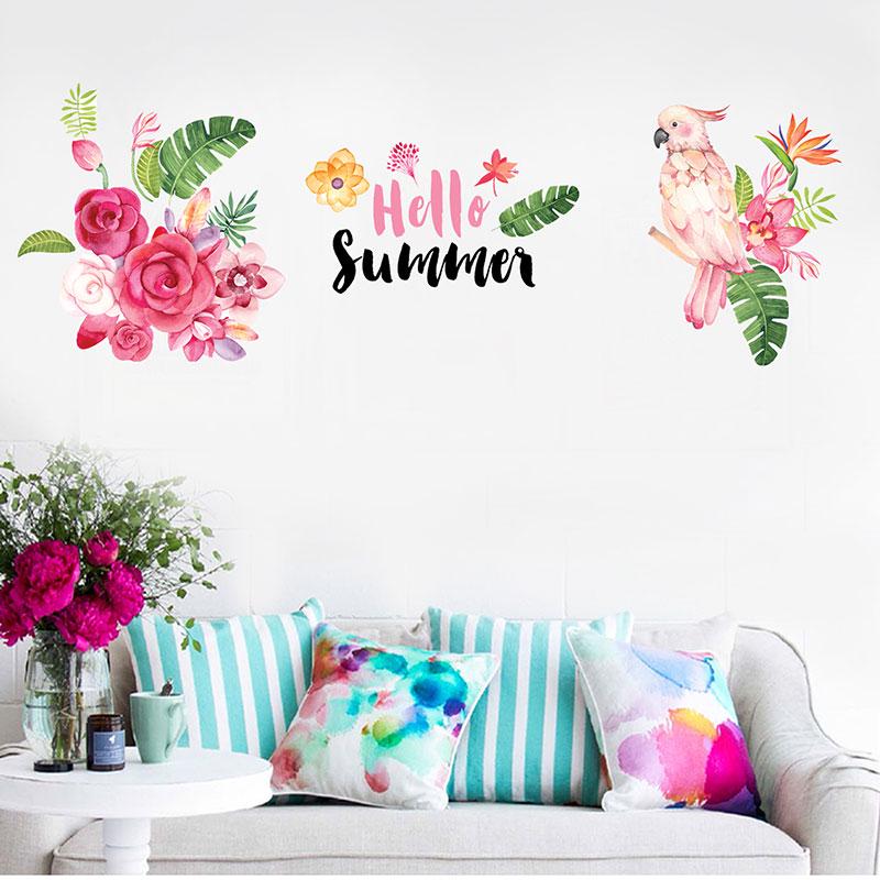 New Cartoon Wall Stickers Parrots Rose Flower Home Decor Wall Decal For Living Room Kids Room Mural