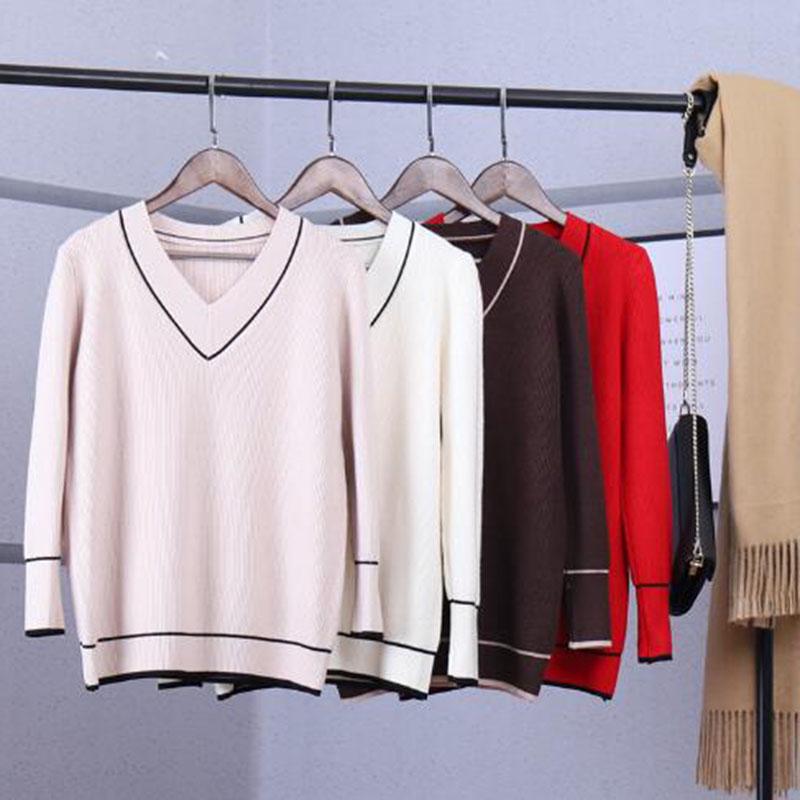 Pofulove V-Neck Sweater Knitted Women Winter Loose Pullover Sweaters Tops Long Sleeves Knitwear