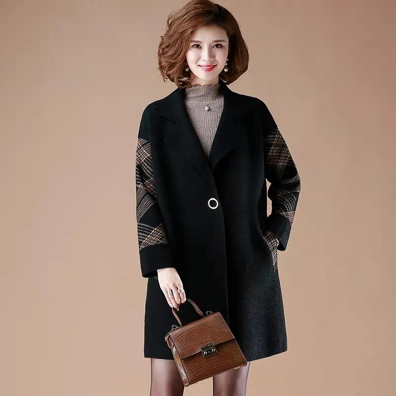Winter Fashion V-neck Plaid Coat Thicken Warm Mid-length Large Size Coat Jacket for Women