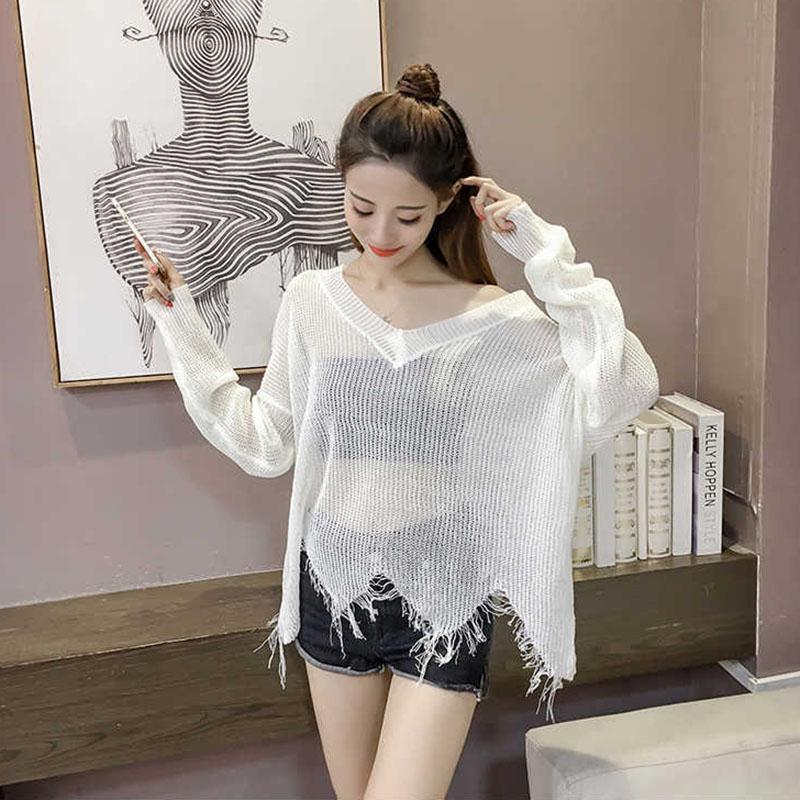 Ice Silk Sweater Sun Protection Clothing Loose Hollow Female Pullover Sweater Thin Air-conditioning Shirt Blouse Light and Comfortable