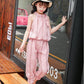 Girls' Suit Summer Thin Korean Vertical Stripe Printing Two Piece Set Bow Top Capris Casual Wear Breathable