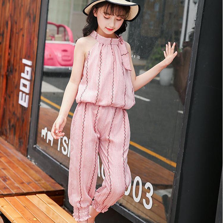 Girls' Suit Summer Thin Korean Vertical Stripe Printing Two Piece Set Bow Top Capris Casual Wear Breathable