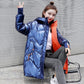 Winter Jacket Parkas Women Glossy Down Cotton Jacket Hooded Parka Warm Female Mid-length Cotton Thick Jacket Casual Loose Outwear Medium Long Overcoat