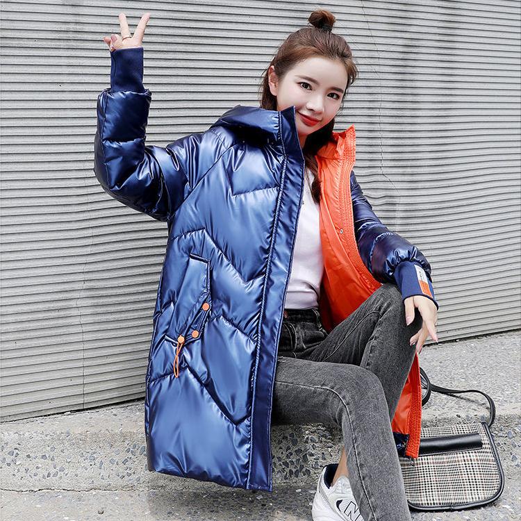 Winter Jacket Parkas Women Glossy Down Cotton Jacket Hooded Parka Warm Female Mid-length Cotton Thick Jacket Casual Loose Outwear Medium Long Overcoat