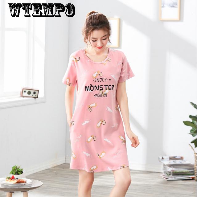 WTEMPO Female Summer Cute Nightdress In The Long Paragraph Cartoon Can Wear Short-sleeved Skirt