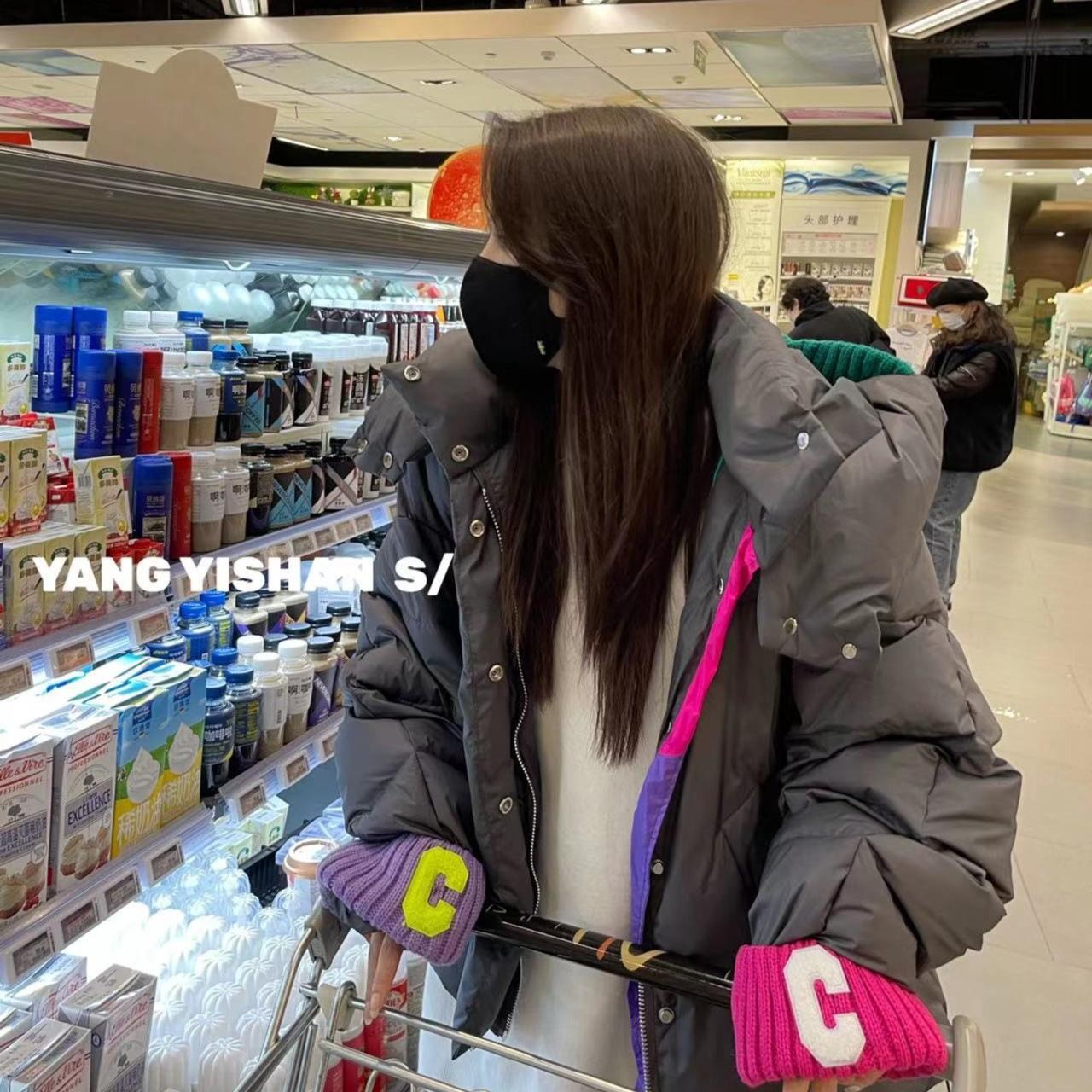 European Goods C Letter Knitted Cuffs Bread Down Jacket Women Winter Short White Duck Down Hooded Thick Loose Jacket