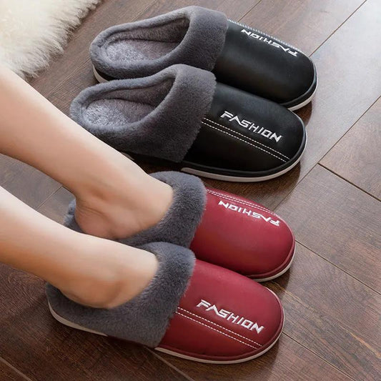 Slippers Women Leather Winter Windproof Warm Plush Memory Foam Home Slippers for Men House Shoes Plus Size