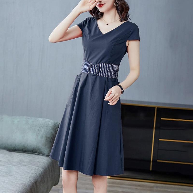 Summer Fashion All-match V-neck Dress Women's Waist Over-knee Long Skirt Casual Solid Color Short-sleeved Slim Dress