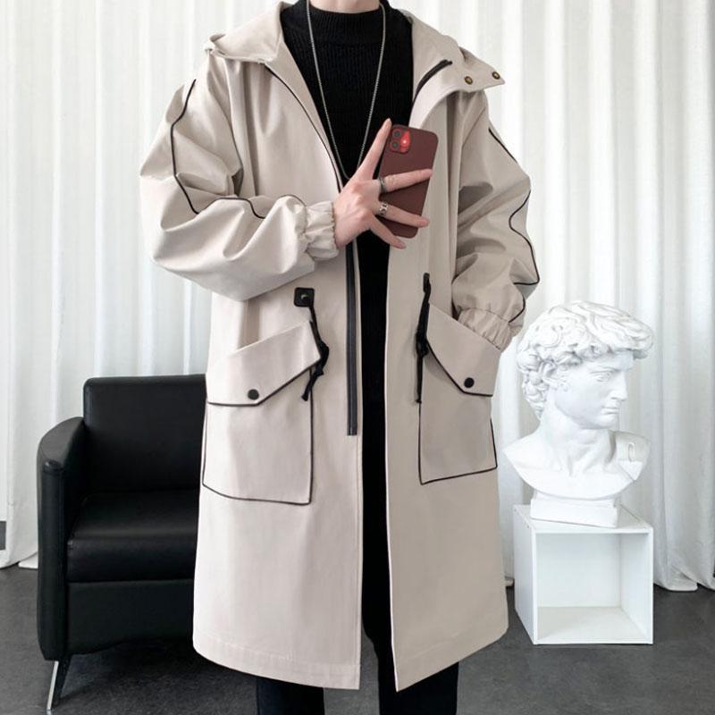 Men Large Size Windbreaker Spring Hooded Coat Casual Loose Top Solid Color Comfortable Jacket Long