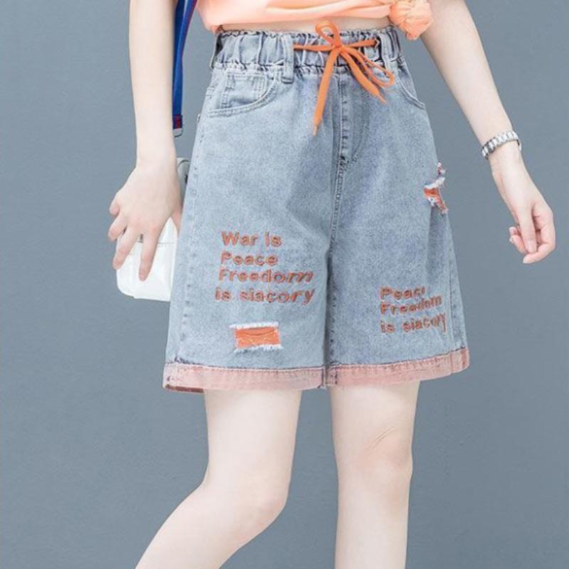 Ripped Denim Shorts Women Loose Wide Leg Pants High Waist Was Thin Elastic Waist Embroidered Five-point Pants