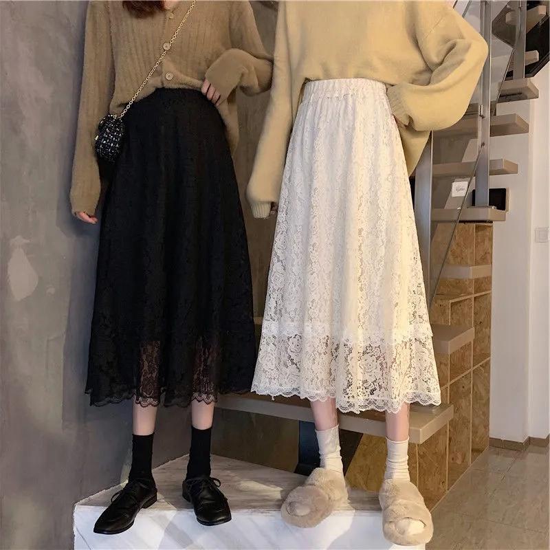 High Waist Lace Skirt Elegant Flower Embroidered Women's Summer A-line Bottoming Mid-length All-match Drape Skirt
