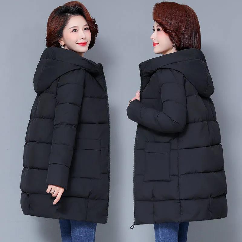 Winter Down Jacket Fashion Solid Color Hooded Parka Coat Thick and Warm Mid-length Down Cotton Jacket for Women