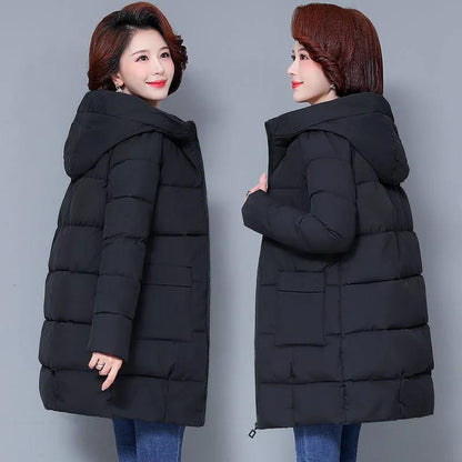 Winter Down Jacket Fashion Solid Color Hooded Parka Coat Thick and Warm Mid-length Down Cotton Jacket for Women