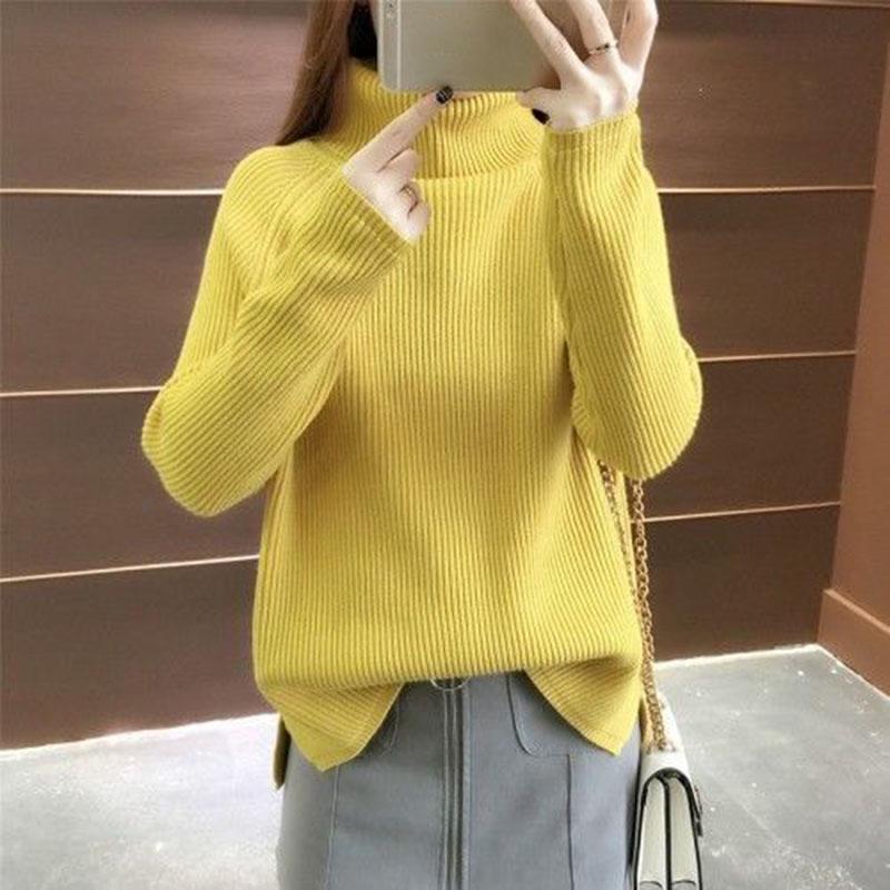 Autumn Winter Sweater Women Solid Color Turtleneck Sweater Thick Loose Solid Color Base Knit Sweater
