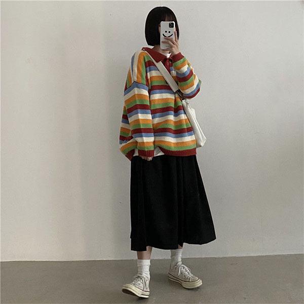 Autumn and Winter College Style Color Stripes Student Loose Mid-length Coat Sweater Women