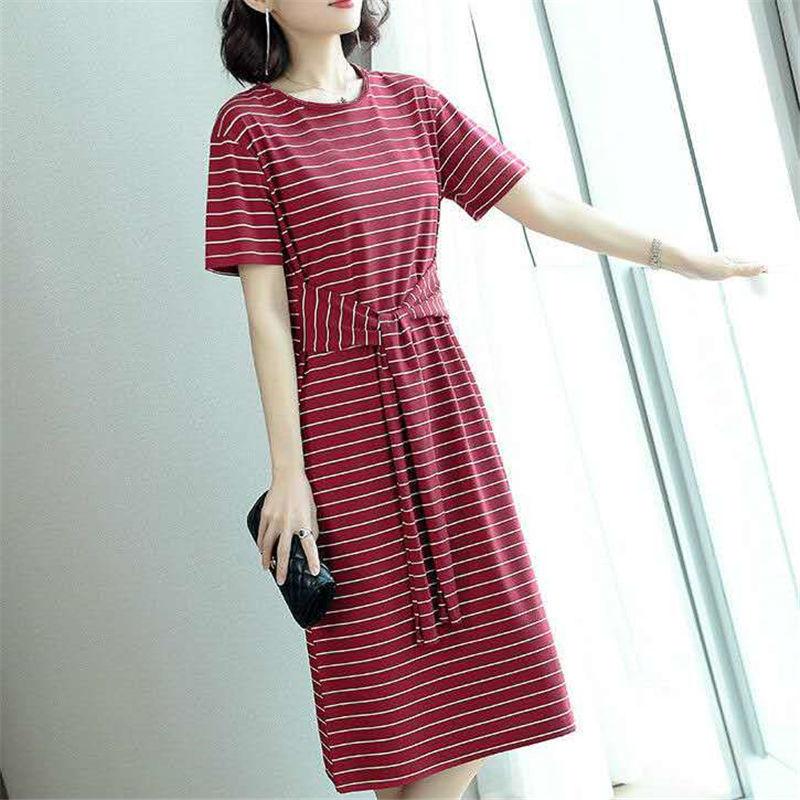 Summer Women Round Neck Enough Stock Short-sleeved Dress Black White Striped Dresses Casual Elegant Sheath Slim Dress