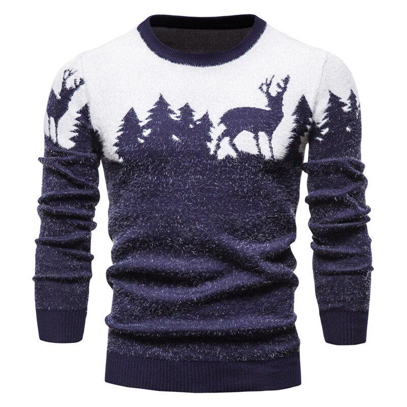 Slim Winter Christmas MensFashion Sweater Christmas Tree Deer Print Sweaters Casual O-neck Male Pullovers Sweaters Pull