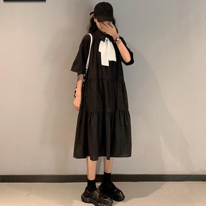 Cute Sweet Girl Bow Ruffle College Style Mid-length A-shaped Skirt Age Reduction Looser  Short Sleeve Dress
