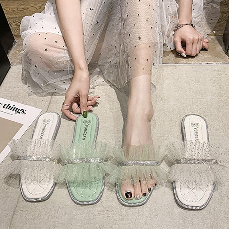 Mesh Bright Diamond Small Fragrant Style Slippers for Women's Outer Wear, Fashionable and Versatile Flat-bottomed Hong Kong Style Sandals