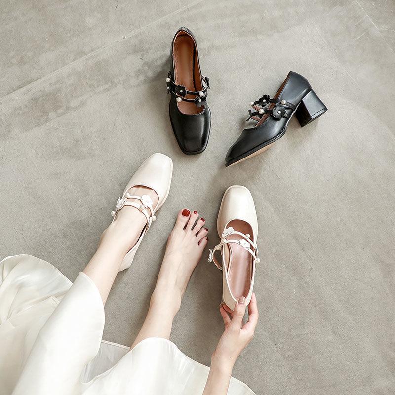 French Girl Single Shoes Small High Heels Thick Heels Retro  Gentle Mid-heel All-match