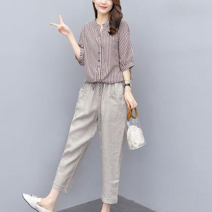 Cotton and Linen Suit Women's Striped Top Trousers Casual Two-piece Suit Pants Striped Shirt Elastic Waist Casual Pants Ladies Loose Casual Suit