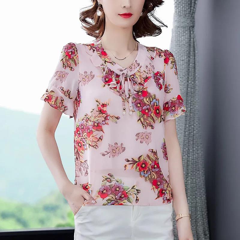 Floral Blouse Women's Lace-up Summer Round Neck All-match Short-sleeved Chiffon Shirt