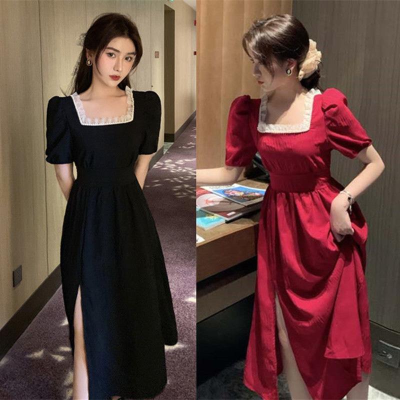 Large Size Red Square Collar Dress Female Summer French Retro Waist Slimming Long Skirt Lace Neckline Sexy Elegant Cute Playful Dress