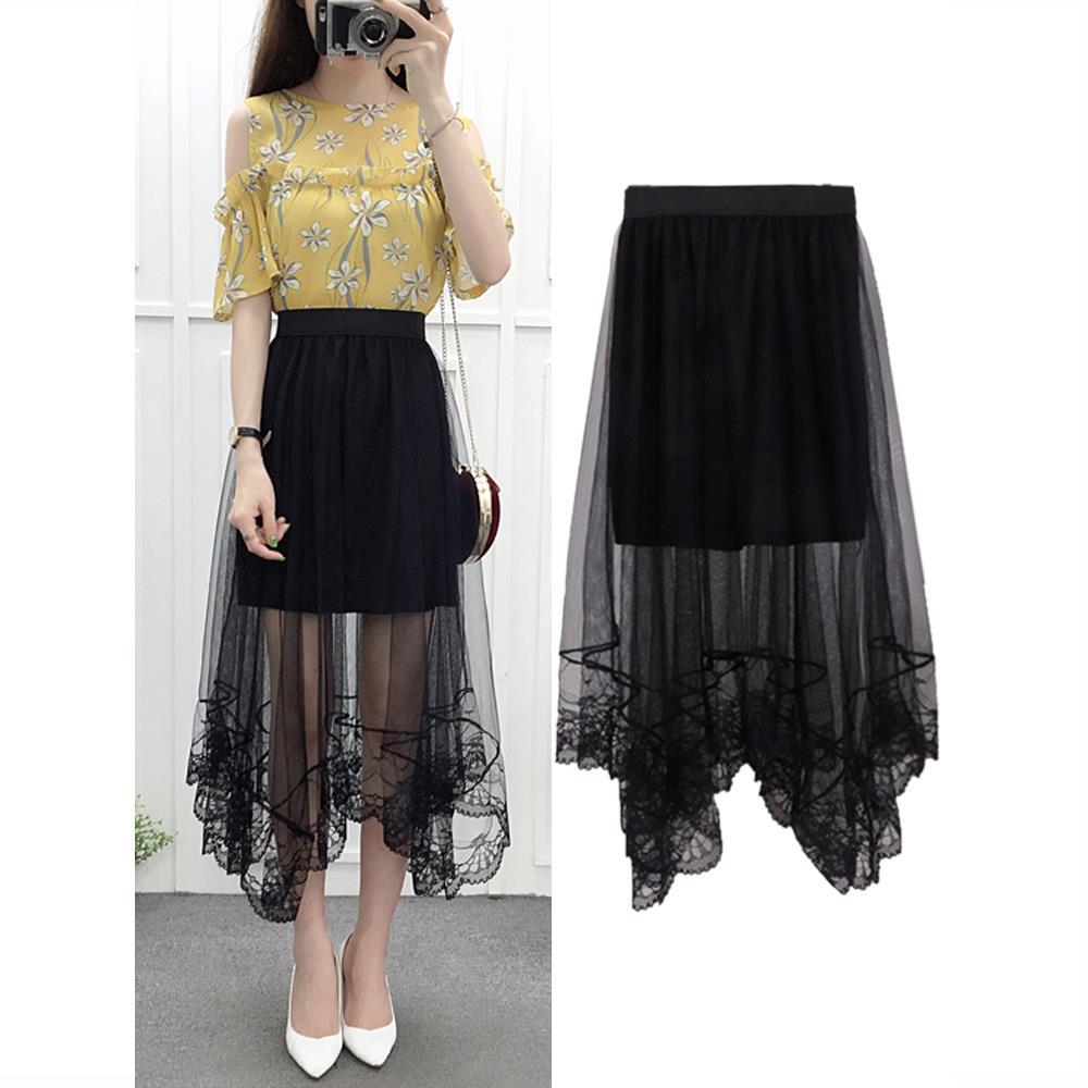 Women High Waist Scalloped Lace Trim Midi Long Skirt Lined Solid Color Irregular Hem Pleated Double Layer Sheer Mesh Skirt