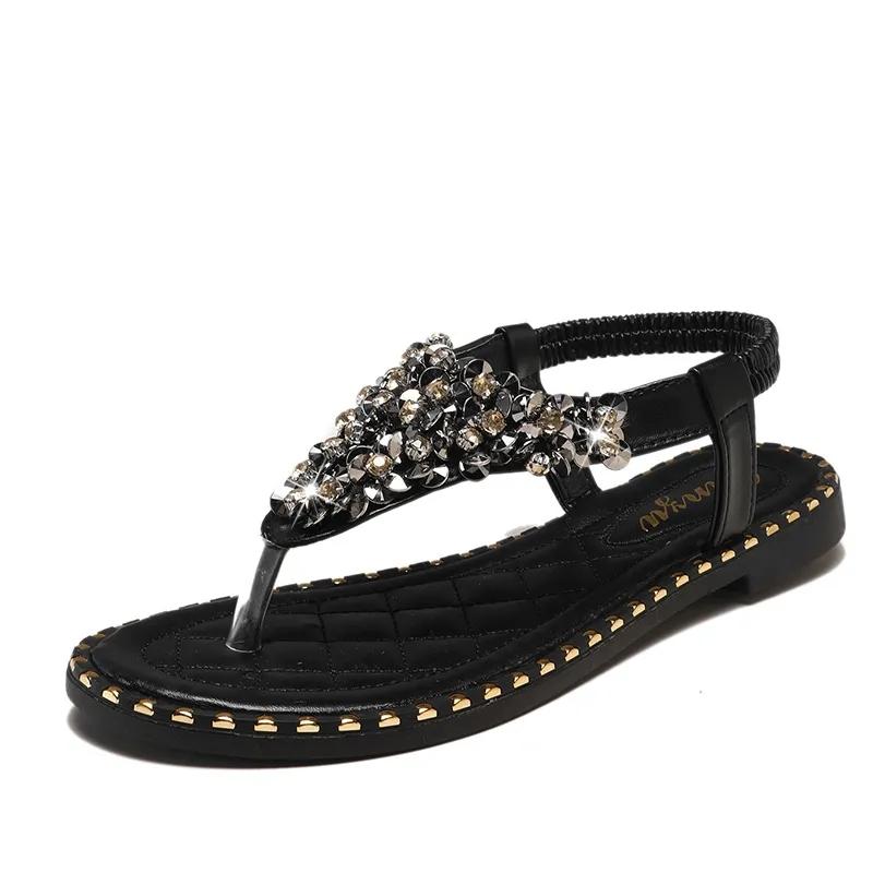 Women's Flat Flip-on Sandals Rhinestone One Word Buckle Beach Shoes Summer Non-slip Comfortable Wear-resistant Sandals