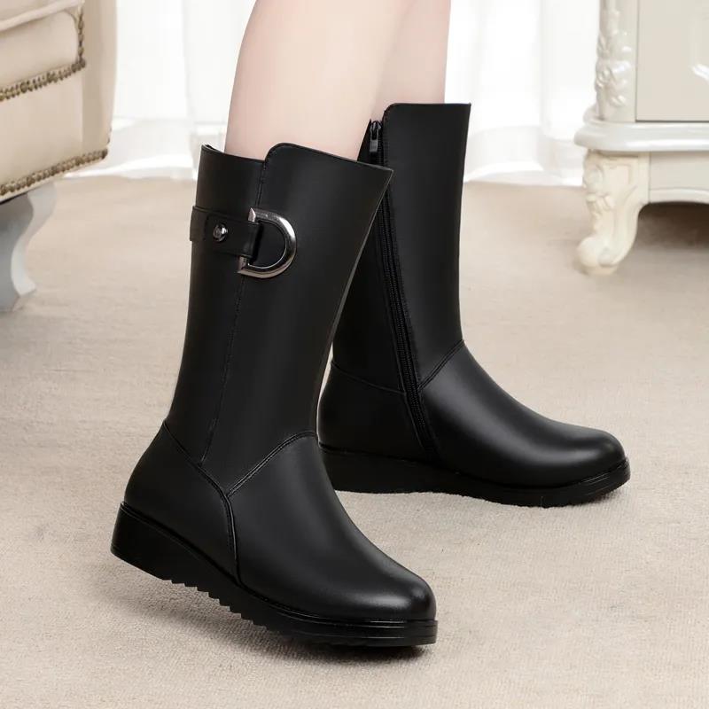 Mid-tube Boots Autumn Winter Women's Boots Plus Velvet Cotton Boots Flat-bottom Flat-heel Women's Shoes Mid-boots Middle-aged Leather Boots