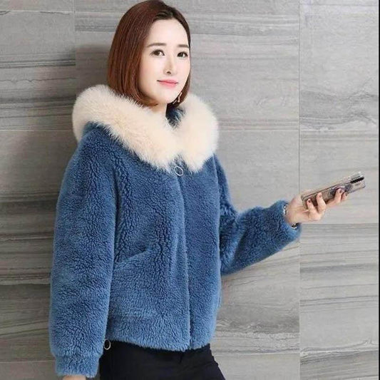 Fur Coat Women's Faux Sheep Shearing Hooded Women's Short Autumn and Winter Models of Fleece Fleece Coat