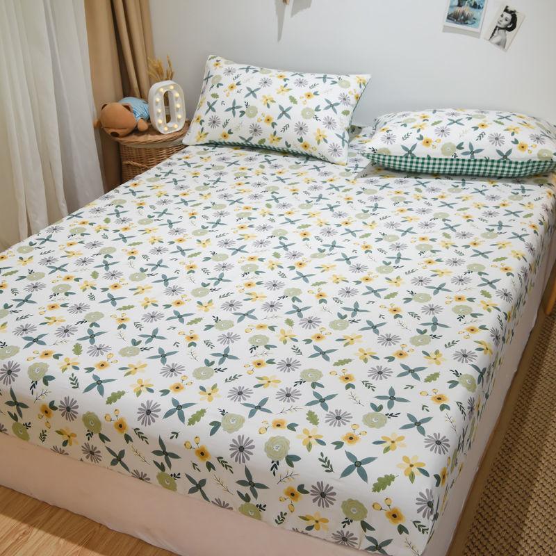 Cotton Bed Pillow Set Three-piece Plus Thick Anti-skid Protection Bed Cover 1.8 Meters 2 Meter Bed Bedding Set Print Field Garden Wind
