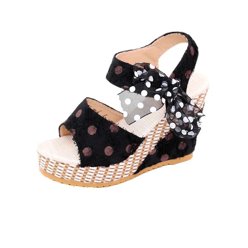 Women's Summer Wave Point Bow Ribbon Platform Sandals Thick Bottom Waterproof Wedge Open Toe Shoes Mesh Fish Mouth Outer Wear All-match Sandals