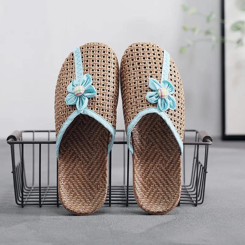 Summer Indoor Home Sandals and Slippers Non-slip Linen Summer Men and Women Couples Home Wood Floor Subgrass Woven Shoes