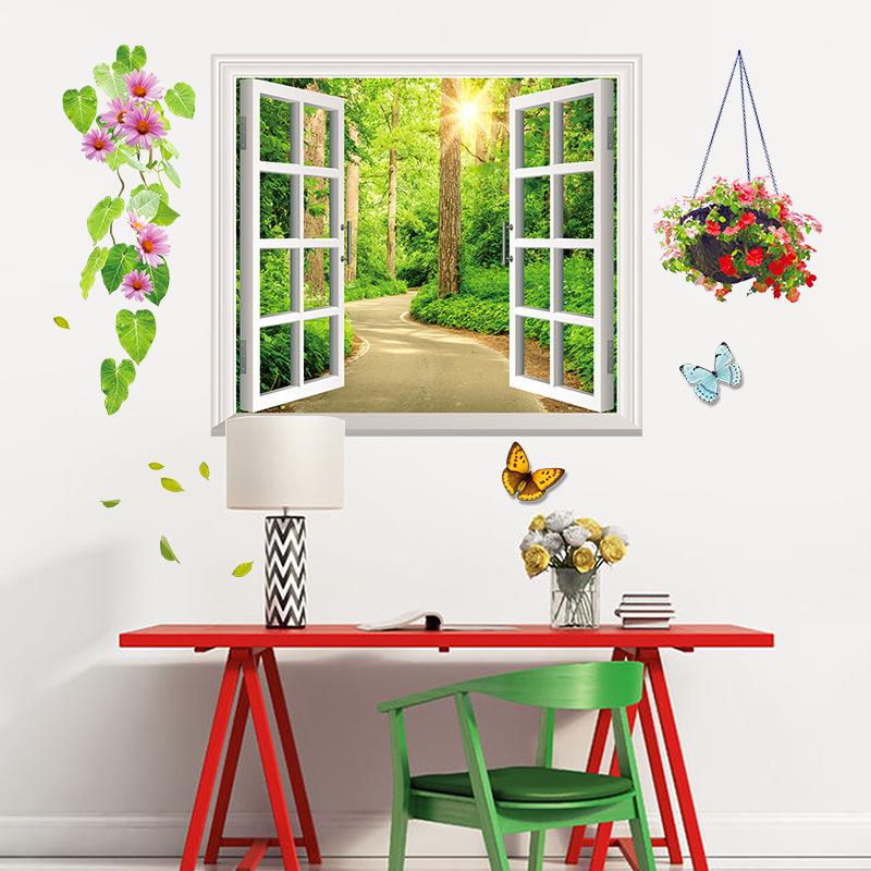 Tree-lined false window home wall sticker Window garden wall decoration background sticker wallpaper